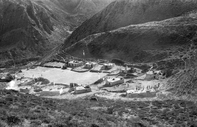 View of the Mustang, Nepal, headquarters in Nepal in the early 1960s, as documented by Lhamo Tsering, one of the leaders of the resistance movement.