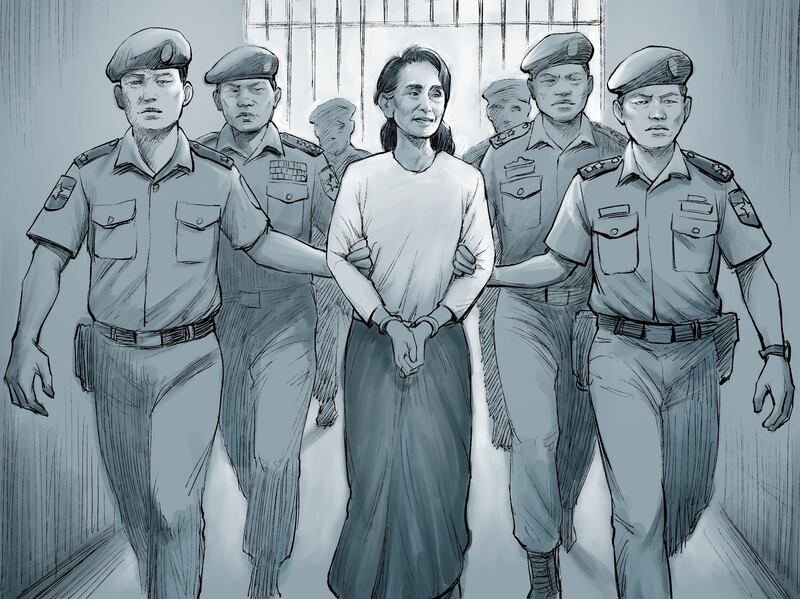 နေပြည်တော်တွင် အကျဉ်းကျခံနေရသည့် ဒေါ်အောင်ဆန်းစုကြည်ပုံကို သားဖြစ်သူ ကင်မ်အဲရစ်၊ အကျဉ်းထောင်မှလွတ်လာသည့် ရှောင်တာနဲလ်တို့နှင့် တွေ့ဆုံမေးမြန်းမှုအပေါ် အခြေခံကာ သရုပ်ဖော်ထားသည့်ပုံ။ (Illustration of Rebel Pepper/RFA)