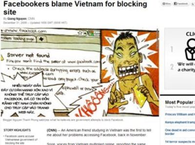 Bài viết trên trang CNN về chuyện Facebook bị ngăn chặn ở Việt Nam. RFA sreen capture