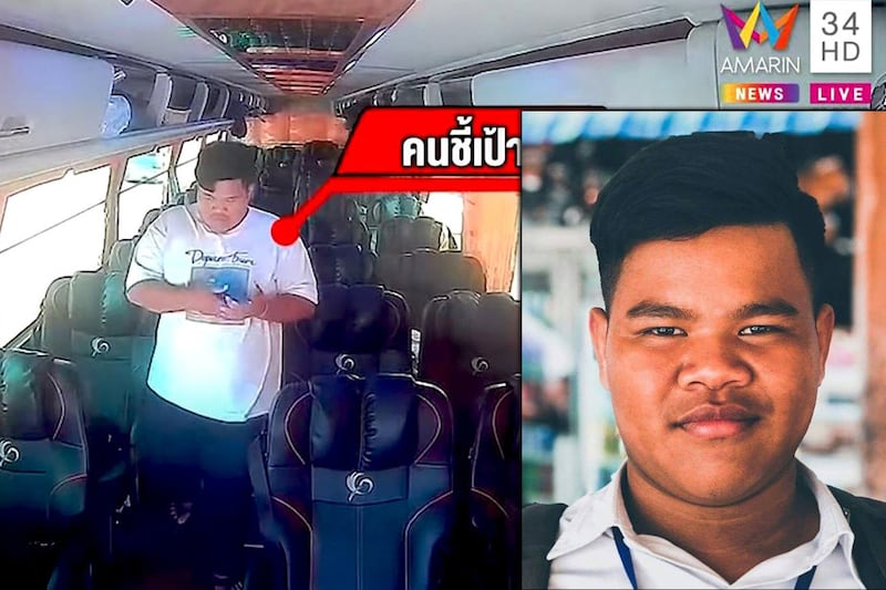 Pich Kimsrin, inset photo, is wanted as an accomplice in the killing of Lim Kimya and is believed to be pictured following Lim Kimya on a bus from Cambodia to Thailand.