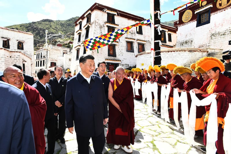 In this July 22, 2021, photo released by Xinhua News Agency, Chinese President Xi Jinping, visits the Drepung Monastery in Lhasa, Tibet Autonomous Region.